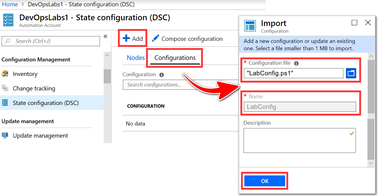 Screenshot of the Import Configuration pane for the DevOpslabs1 Automation Account inside Azure Portal. Four previously described display elements are highlighted to illustrate the user actions that are required to import the script local DSC configuration file LabConfig.ps1.